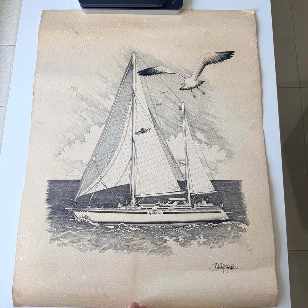 Sailboat Pen and Ink Art Print 24x36 Vintage Nautical Drawing